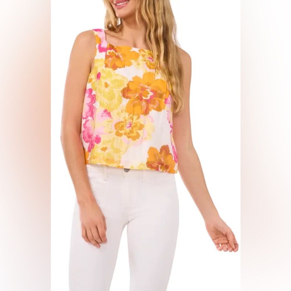 CeCe Radiant Yellow‎ Floral Square Neck Cropped Tank Large NWT